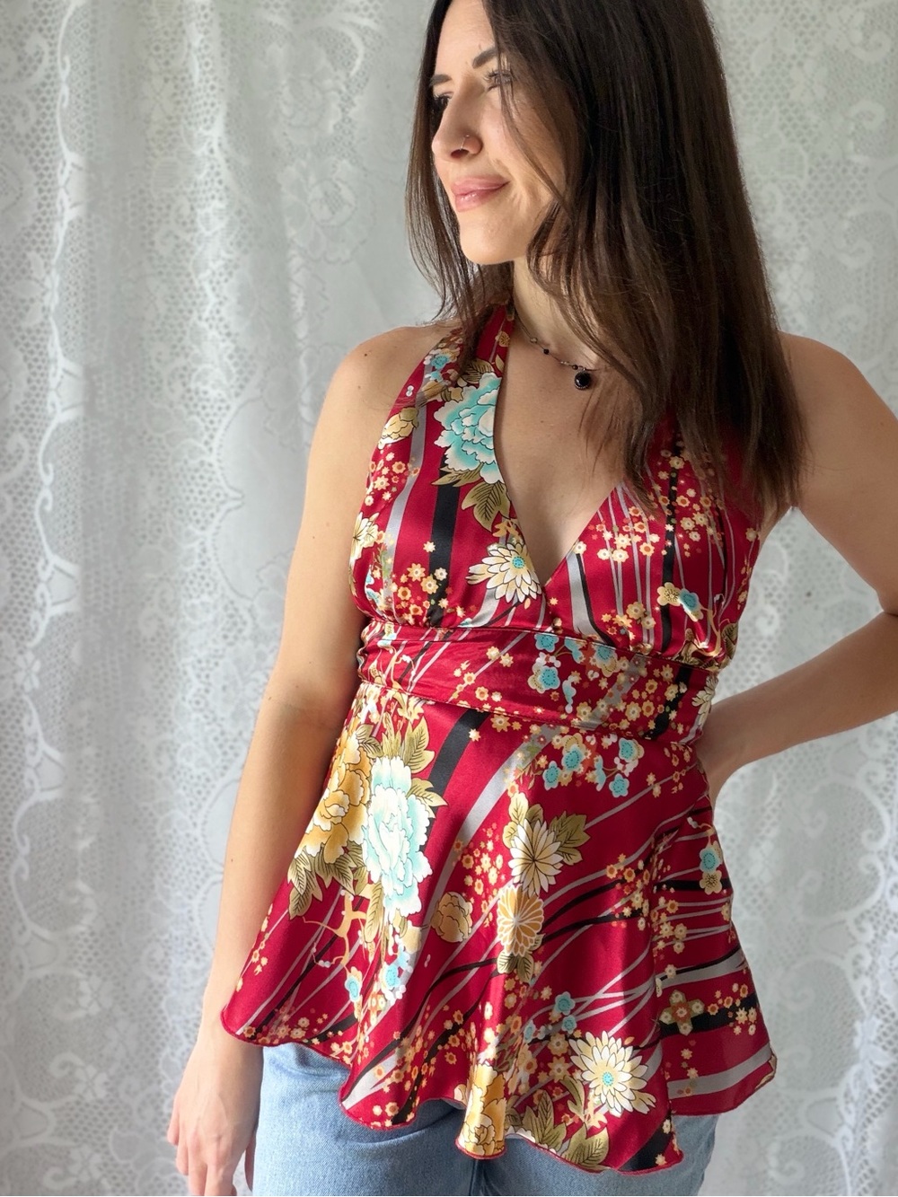 Y2K Wet Seal Red Satin Floral Halter Peplum Top Size Small